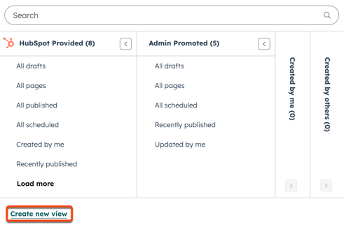 La fenêtre contextuelle + Ajouter une vue s’affiche sur les pages de destination. Une case est placée autour du texte avec lien hypertexte Créer une nouvelle vue.