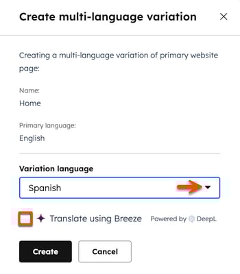The Create language variant dialog box is displayed for a website page. An arrow points to the Variation language dropdown menu and a box is placed around the Translate using Breeze checkbox.