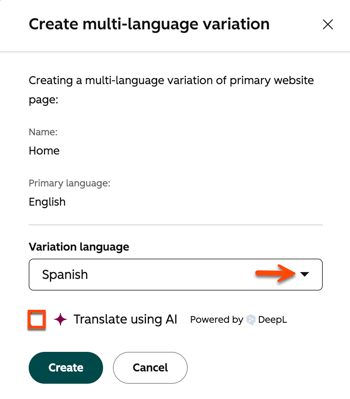 The create multi-language variation dialog box is displayed for a website page. An arrow points to the Variation language dropdown menu and a box is placed around the Translate using Breeze checkbox.