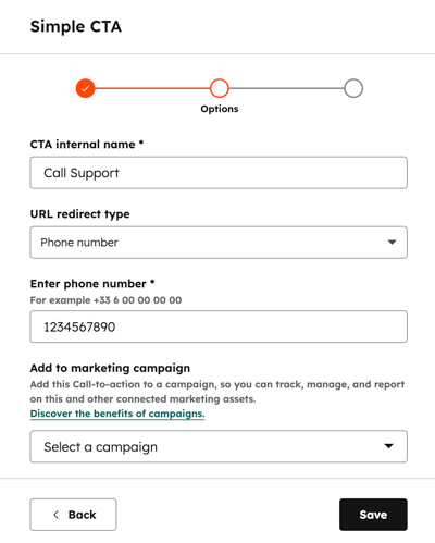 In CTA (Legacy), the editor is displayed in the right panel. The URL redirect type is set to Phone number and the Enter phone number field has an example number.