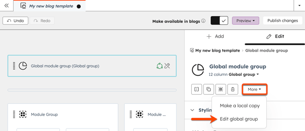 レイアウトエディター内のドラッグ&ドロップテンプレートのデザインマネージャー内のインスペクターが開いている。[その他]ドロップダウンメニューの周りには、クリックされたことを示すボックスがあり、[グローバルグループを編集]オプションを指す矢印が付いています。