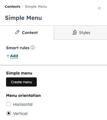 No editor de conteúdo, o módulo de menu simples é exibido no editor da barra lateral.