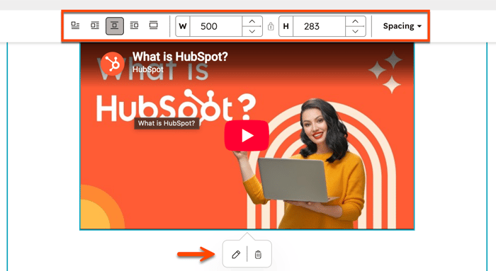 In the content editor, the rich text toolbar is displayed for an external media file. A box is placed around the formatting options. An arrow points a pop-up box with edit and remove options.