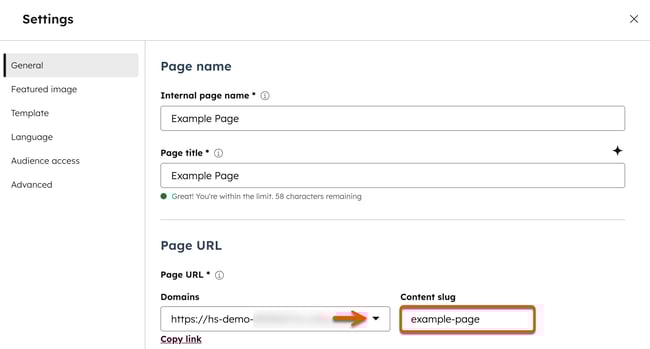 In the content editor, a dialog box is displayed for Settings. The left menu has General selected, and the Page name and Page URL sections are shown. An arrow points to the Domains dropdown menu and a box is placed around the Content slug field.