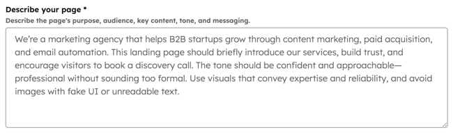 Für Landingpages wird die Seite Content generieren angezeigt. Das Eingabefeld Beschreiben Sie Ihren Seitentext wird angezeigt.