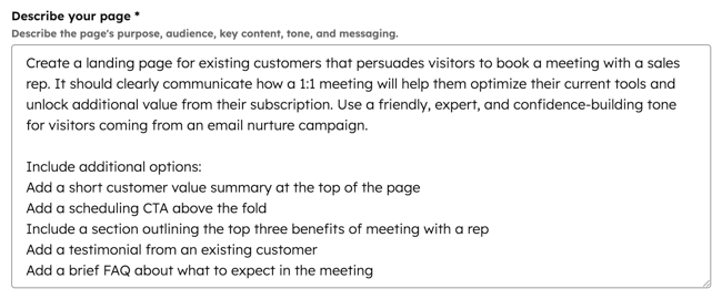 Für Landingpages wird die Seite Content generieren angezeigt. Das Eingabefeld Beschreiben Sie Ihren Seitentext wird mit einem Beispiel-Prompt angezeigt.