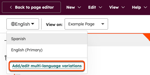 Im Editor für globalen Content ist für eine Seite das Dropdown-Menü Mehrsprachige Variante ausgewählt. Um die Option Mehrsprachige Varianten hinzufügen/bearbeiten wird ein Feld platziert.