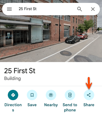 Google Maps is displayed for an address and an arrow points to the Share button.
