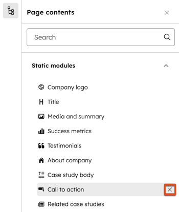 The editor for a case study is displayed. In the page contents, a box is replaced around the remove icon for the call to action module.