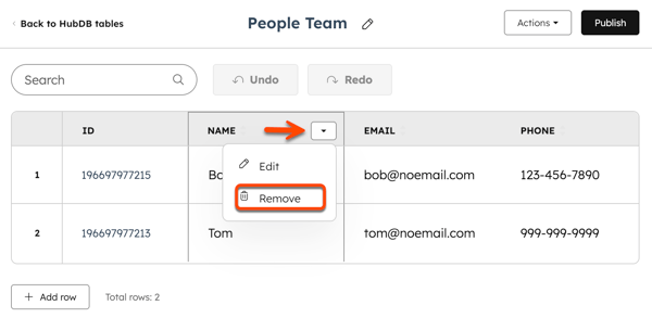 A HubDB table is displayed. An arrow points to a Column label's dropdown menu and a box is placed around the option to remove the column.