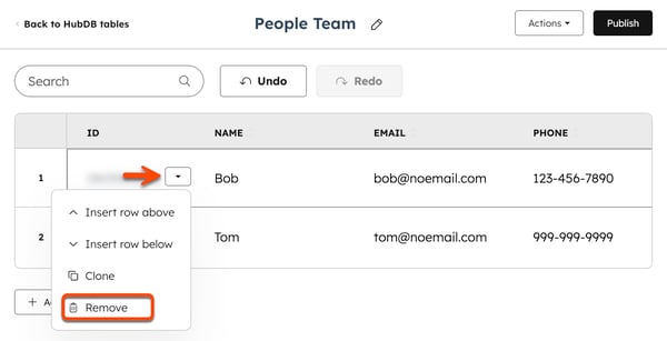 A HubDB table is displayed. An arrow points to a row ID dropdown menu and a box is placed around the option to remove the row.