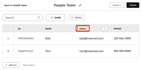 A HubDB table is displayed. A box is placed around the column label to drag and drop the column into a new position.