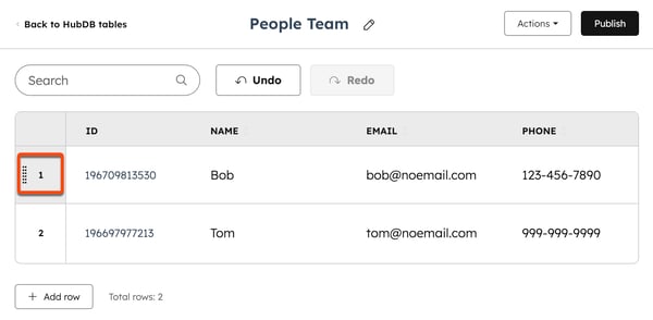 A HubDB table is displayed. A box is placed around the row ID to drag and drop the row into a new position.