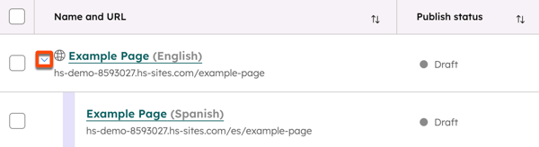 Auf der Registerkarte Verwalten wird für Websites oder Landingpages eine mehrsprachige Gruppe angezeigt. Um das rechte Pfeil-Symbol neben der Gruppe wird ein Feld platziert.