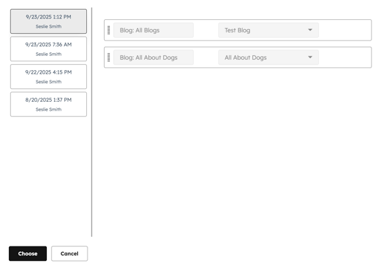 A dialog box with revision history for a navigation menu is displayed. The left column contains the date and timestamps of revisions. The right column shows a preview of the revision. A choose button is located on the bottom left.