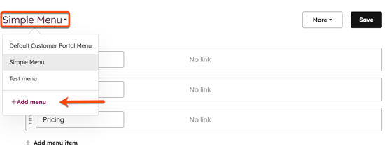 The navigation menu settings are displayed. A box is around the navigation menu dropdown menu and an arrow points to the + Add menu option.
