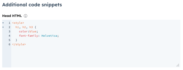 In the content editor for a page, the page settings are displayed for the Additional code snippets section.
