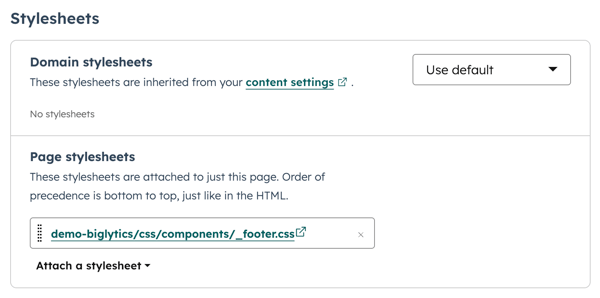 In the content editor, advanced page settings are displayed, including the Stylesheets section with configurable options for Domain stylesheets and Page stylesheets.