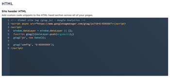 In settings for pages, on the templates tab, the Site header HTML section is displayed with an example Global site tag.