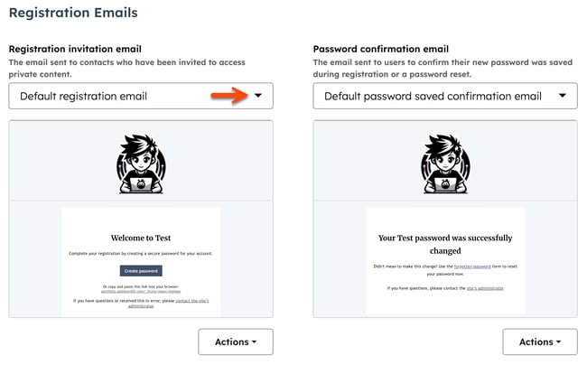 In private content settings, for the Email tab, an arrow points to the Registration email dropdown menu to select a new template.