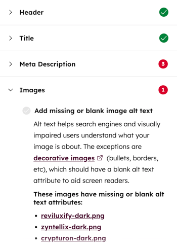 In the content editor, the Optimize section is displayed in the left sidebar. The Images section is expanded and has a red circle indicating there is a recommendation.