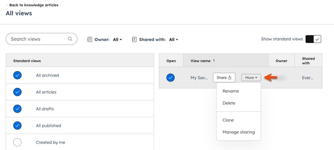La page Toutes les vues s’affiche. Une flèche pointe vers le menu déroulant Plus avec les options Renommer, Supprimer, Cloner et Gérer le partage.