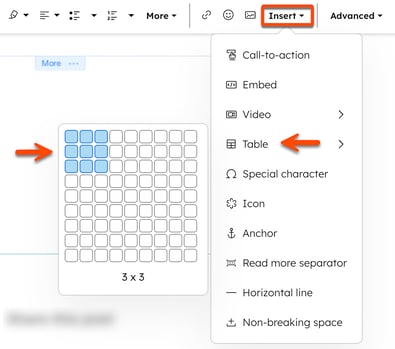 In the content editor, a rich text module's toolbar is displayed. A box is placed around the Insert dropdown menu. An arrow points to the Table menu option and a pop out to select the table dimensions.