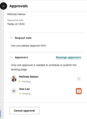 IU des demandes d’approbation avec approbateurs en attente, icônes de cloche de rappel en surbrillance et option d’annulation de l’approbation.