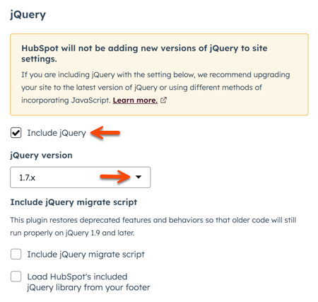 Dans les paramètres de contenu des pages, la section jQuery est affichée. Une flèche pointe vers la case à cocher Inclure jQuery et le menu déroulant Version jQuery.