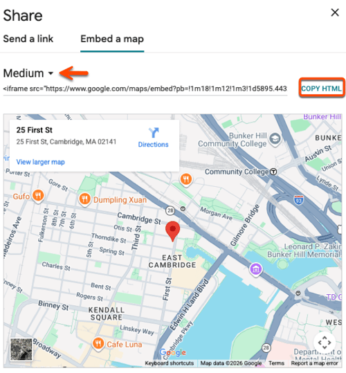 A dialog box is displayed on Google Maps for the Embed a map tab. An arrow points to the map size and a box is placed around the Copy HTML hyperlinked text.