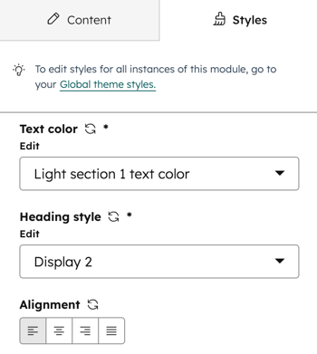 In the content editor a module sidebar editor is displayed for the Styles tab.