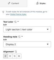 In the content editor a module sidebar editor is displayed for the Styles tab.