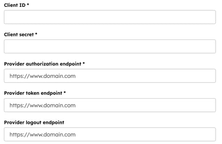Le panneau latéral droit s’affiche pour la configuration de l’authentification unique pour le contenu privé à l’aide de la méthode OIDC. Les champs ID client, Secret client, Point de terminaison d’autorisation du fournisseur, Point de terminaison de jeton du fournisseur et Point de terminaison de déconnexion du fournisseur sont affichés.
