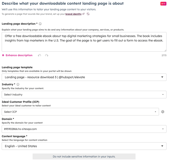 The generate landing page steps are displayed. Step two, is to describe your content. Including a landing page description, landing page template, select industry, ideal customer profile, domain and content language.