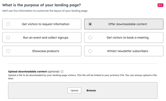 The generate landing page is displayed. Step one, is to select a purpose. The following purposes are visible, get visitors to request information, run an event and collect signups, showcase products, offer downloadable content, get visitors to book a meeting, and attract newsletter subscribers.