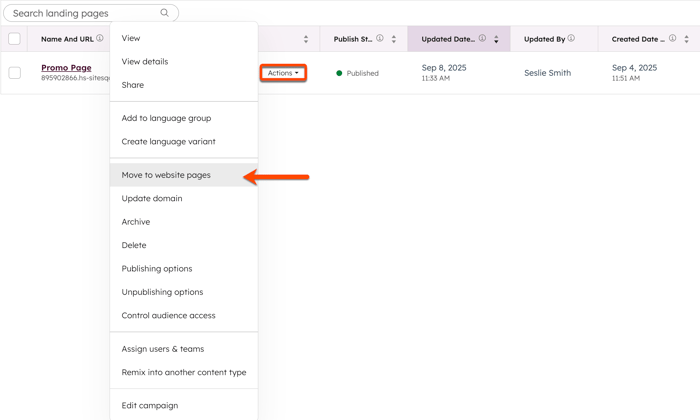 The index page for landing pages is displayed. A box is around the Action button, indicating it is clicked and a menu is visible with an arrow pointing to the Move to website pages option.