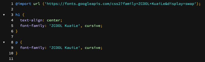 In the design manager, a CSS file is displayed. In the code editor,  a Google Font import code is at the top of the file, followed by CSS rules to appropriate selectors in the stylesheet.