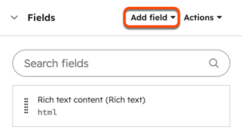 In the design manager, the inspector is displayed for a custom module. A box is placed around the Add field dropdown menu in the Fields section.