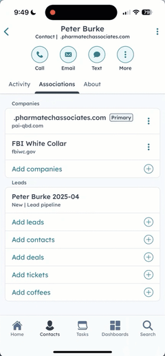 GIF image displaying a contact "Peter Burke". The user taps a menu to update the primary company association to "FBI White Collar".