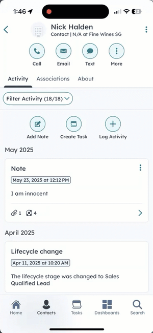 GIF image of iOS HubSpot app. The user taps a menu on a note within the timeline to delete the note activity.