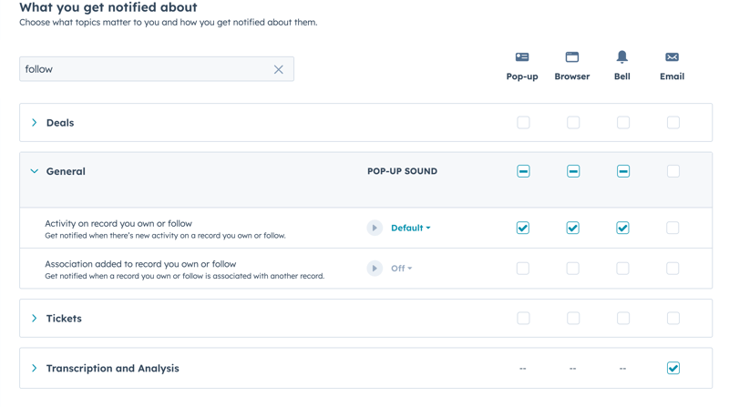 Captura de tela das configurações de notificação HubSpot mostrando opções para configurar notificações de acompanhamento para várias atividades de registro.