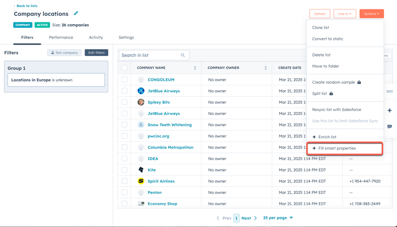 A HubSpot company list page titled 'Company locations'. The 'Actions' dropdown menu is open, and 'Fill smart properties' is highlighted, indicating an option to update data.