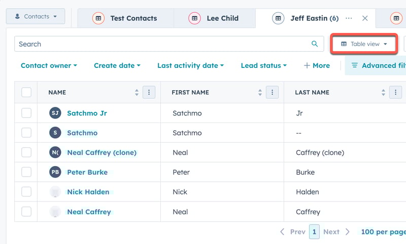 A screenshot of a contact list page in a CRM. A red box highlights the "Table view" dropdown button above the list of contacts