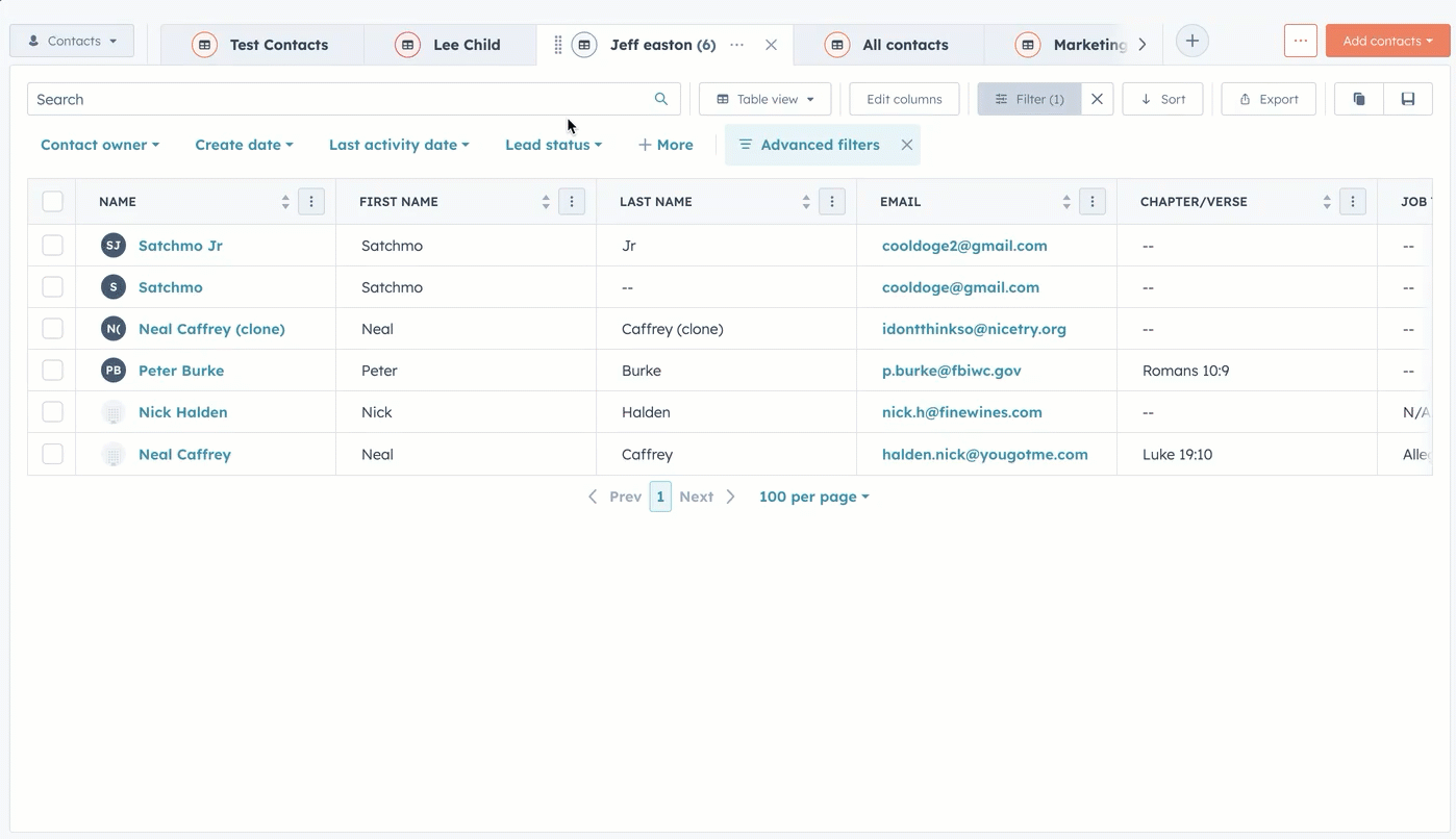 HubSpot contact index page. The user renames a view tab at the top and drags into place. Then, the user re-arranges "email" and "chapter/verse" columns with values such as "Luke 19:10".