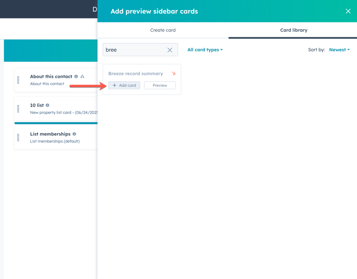A HubSpot 'Add preview sidebar cards' interface, showing a search for 'bree' in the card library. An orange arrow points to the 'Add card' button for 'Breeze record summary' to be added to the sidebar.