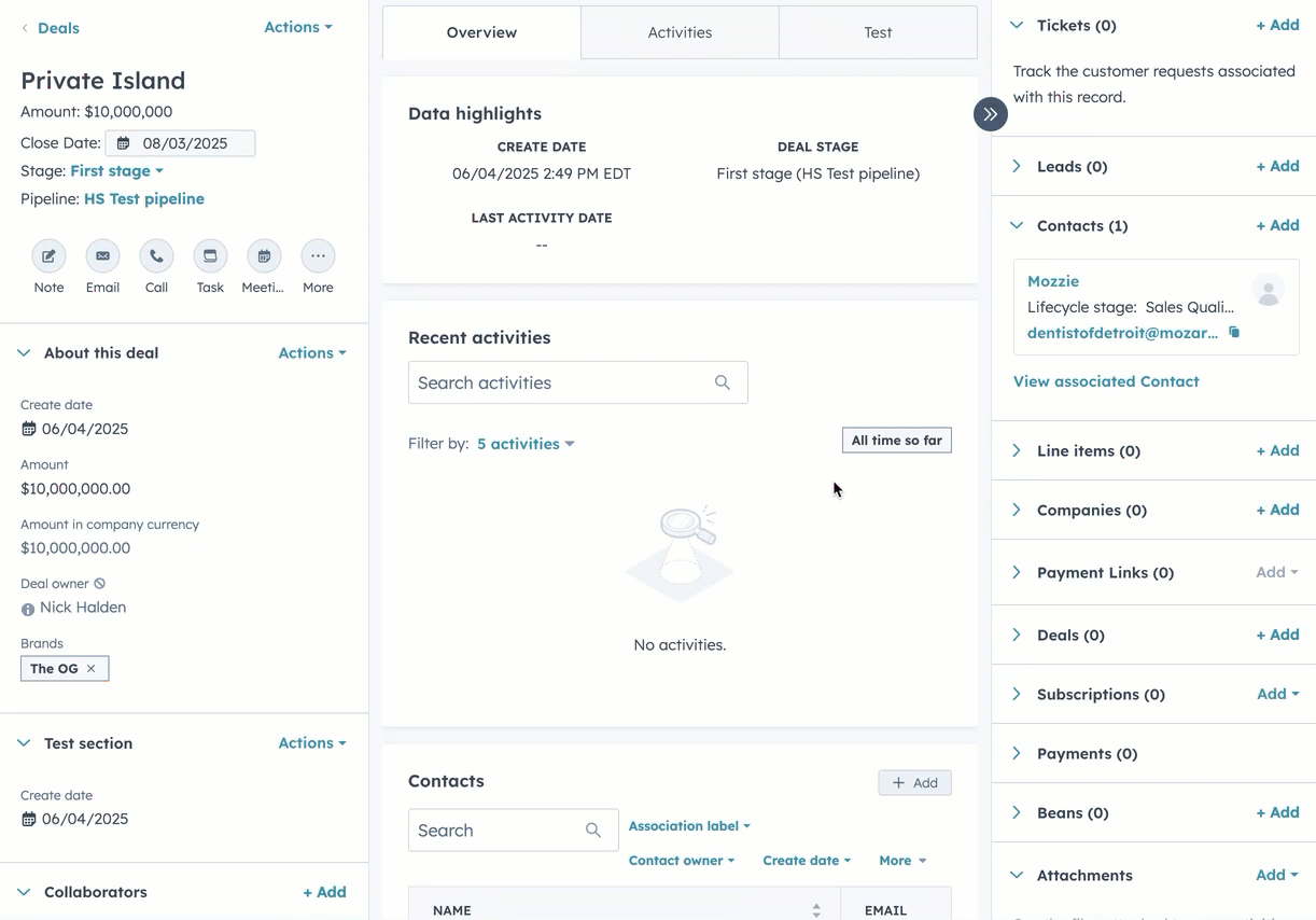 GIF displaying a deal record 'Private Island'. The user clicks 'Add' on a ticket card on the right sidebar. They enter details including adding an association of a contact named 'Mozzie'.