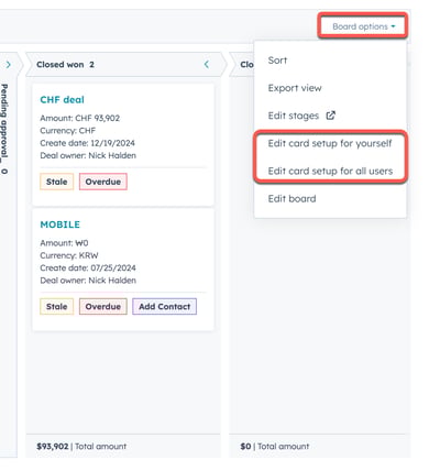 A screenshot of a HubSpot board view showing deal cards. The 'Board options' dropdown menu is open, highlighting 'Edit card setup for yourself' and 'Edit card setup for all users'.