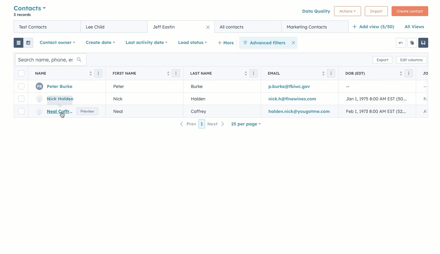 A GIF showing a user cloning a contact record in HubSpot. The process highlights the 'Clone' action and the subsequent panel where property values can be reviewed.