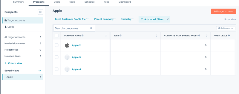 A HubSpot Sales Workspace screen displaying 'Target accounts' under the 'Prospects' section, with a custom view named 'Apple' active. The main table lists 'Apple 2', 'Apple 3', and 'Apple 4' companies, showing columns for Tier, Contacts with Buying Roles, and Open Deals.