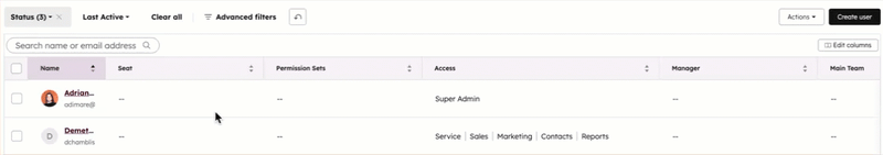 Scrolling left on the user table to view user-specific information.